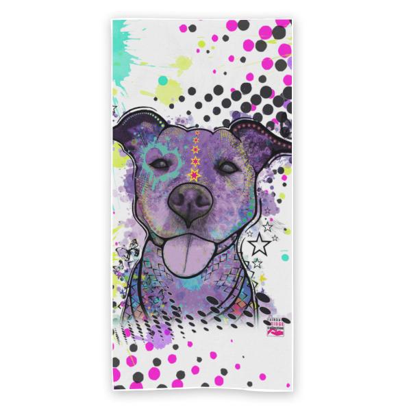 Strandtuch, Badetuch, Saunatuch mit buntem Hundemotiv in digitaler Popart mit Hunde Motiv Mäusi